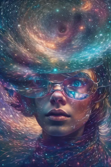 （multiple exposure：1.8），Dubrec style，Girl virtual holographic digital avatar，Futuristic magnificent starry sky image foreground，...