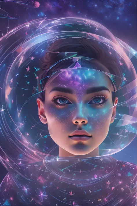 （multiple exposure：1.8），Dubrec style，Girl virtual holographic digital avatar，Futuristic magnificent starry sky image foreground，...