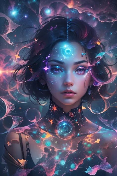 （multiple exposure：1.8），dubrec style，girl virtual holographic digital avatar，futuristic magnificent starry sky image foreground，...