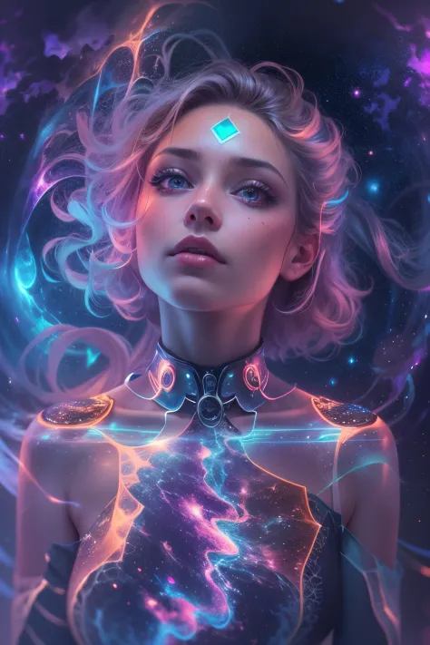 （multiple exposure：1.8），Dubrec style，Girl virtual holographic digital avatar，Futuristic magnificent starry sky image foreground，...