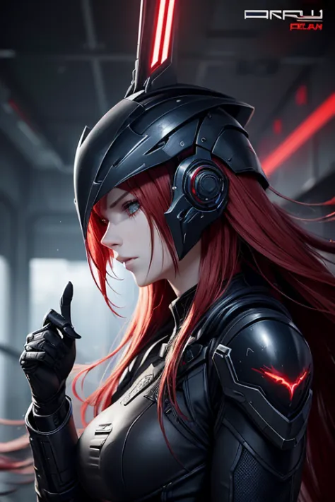a close up of a person with a helmet on and red hair, concept art by Ei-Q, tumblr, gothic art, blame!, blame, blame manga, futur...
