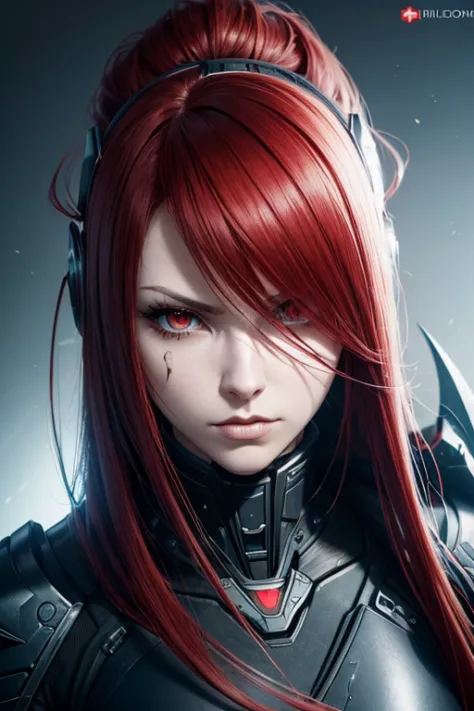 a close up of a person with a helmet on and red hair, concept art by ei-q, tumblr, gothic art, blame!, blame, blame manga, futur...