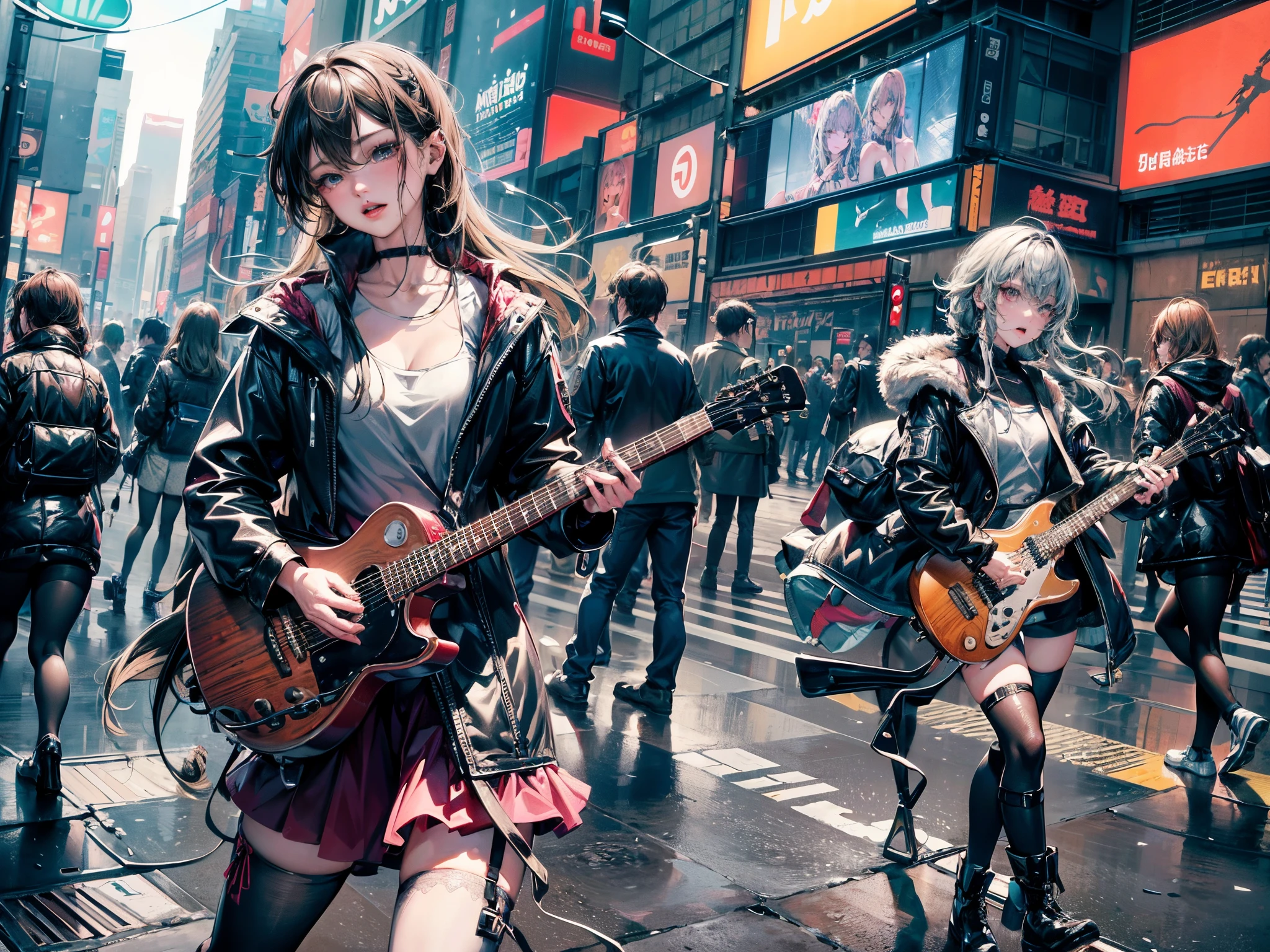 Cinematic lighting,super detailed skin、Beautiful detailed eyes、Best Quality,Perfect Anatomy,(Alternative、dim colors, Soothing tones:1.3),NSFW(Detailed beautiful facial features:1.3)Modern Shibuya crossing in winter、2 girls in rock mode playing guitar.,（knee high、kneehigh boots:1.5） （plays the guitar:1.6）Lively、Acrobatic、emotional、（Sing with a microphone、Enthusiasm、sing happily:1.5）knee high（Stand Microphone）（morning sun lighting:1.4）The center of the empty Shibuya Scramble Crossing in the early morning、Highly detailed feet.fullllbody