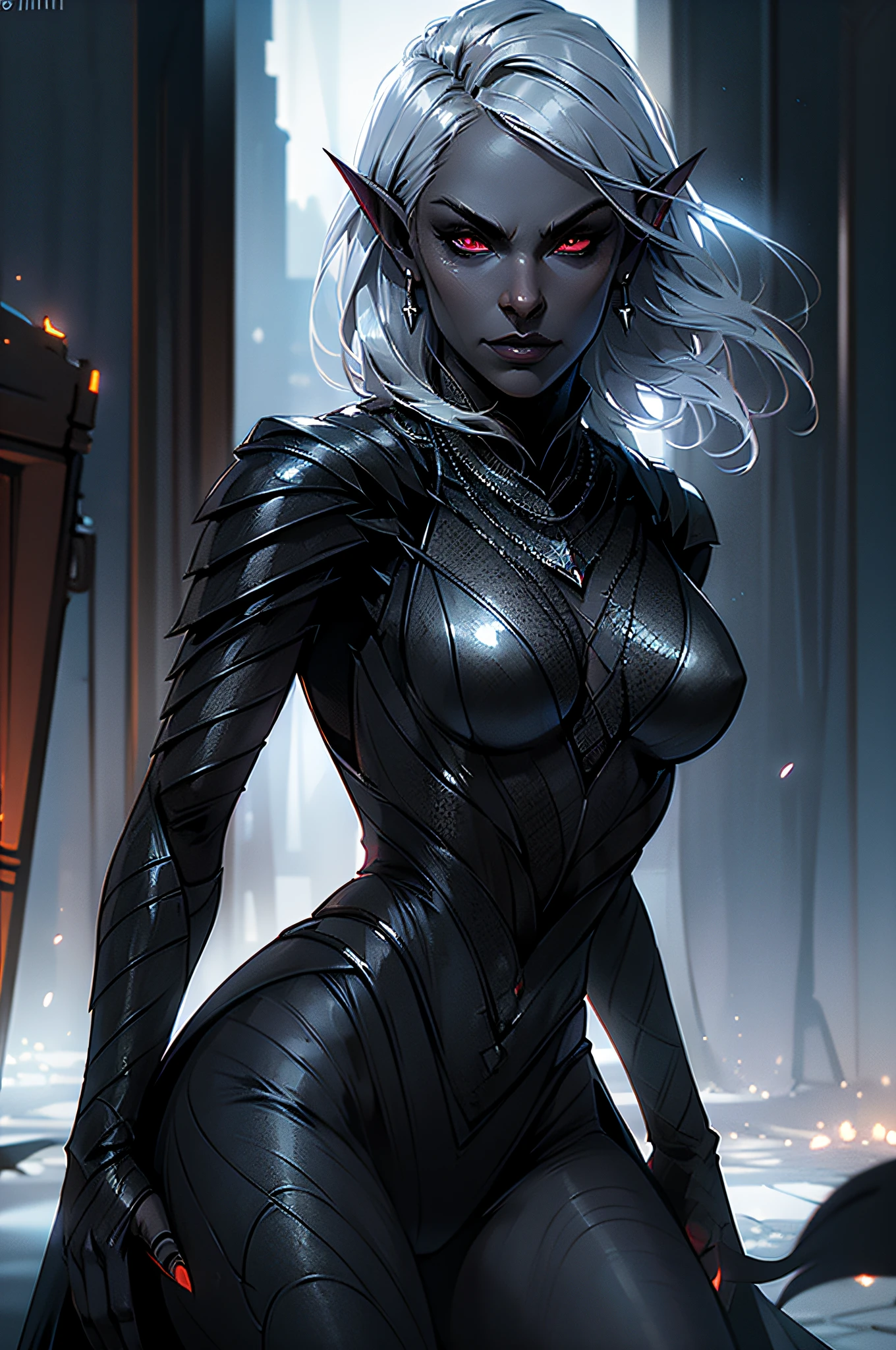1girl, sexy drow, (dark grey skin:1.5), (true white wedge haircut), ((perfect red eyes)), pointed ears, silver earrings, (medium breasts), (slender body), ((dark rogue outfit)), silver fingernails, ((dynamic pose)), volumetric lighting, best quality, masterpiece, realistic, anatomically correct, (strong cinematic lighting), ((rim lighting)), stunning details, intricate details, 8k post-production, High resolution, super details, trending on ArtStation, sharp focus, depth of field f/1.8, studio photos, (((looking at camera)))