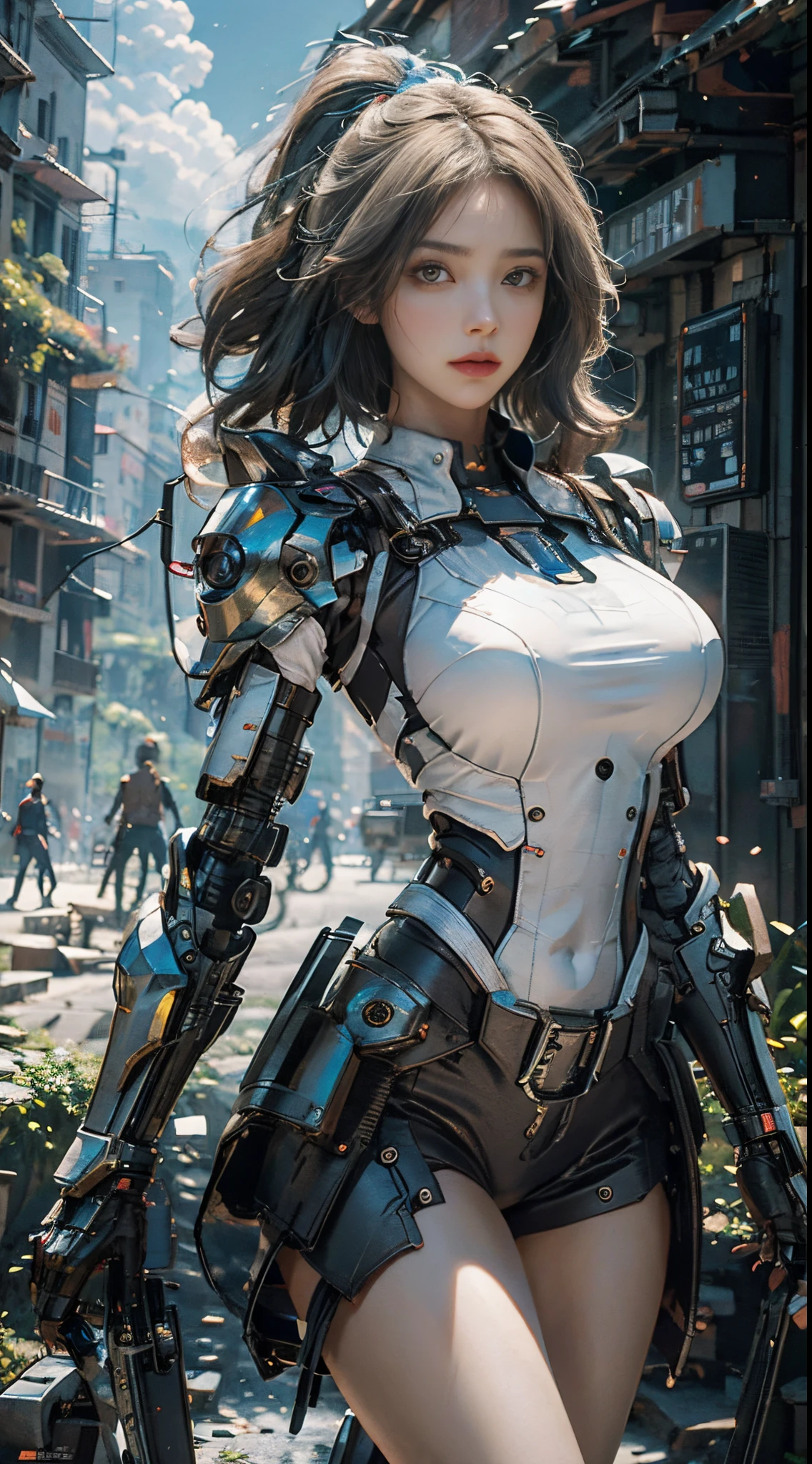 （（Best Quality））， （（tmasterpiece））， （He is very detailed：1.3）， ..3D， shitu-mecha， Beautiful cyberpunk woman with her pink mech in the ruins of the Forgotten War city， The belly button and arms are exposed，Ancient Techniques， HDR（HighDynamicRange）， ray tracing， NVIDIA RTX， Hyper resolution， Unreal 5， Sub-Surface Scatterring， PBR texture， post-process， Anisotropic filtering， Depth of fields， Maximum clarity and sharpness， Many layered textures， Albedo and Specular Maps， Surface Coloring，Accurately simulate light-material interactions，perfect proportions，Rendered by Octane，TwoToneLighting，Low ISO，white balance，trichotomy，wide opening，8K RAW，High Efficiency Sub-Pixel，sub-pixel convolution，Luminous Particle，Light scattering，Tyndall effect（full bodybian）， （Exquisite facial features）， （s the perfect face）， Angle Dynamic, white hair,bigtits