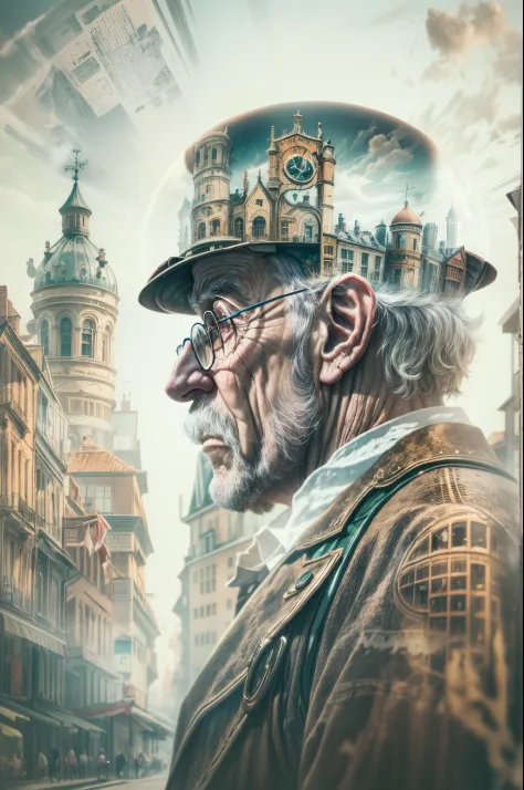 A double exposure image of a steampunk city and a potrait of an old man, white background