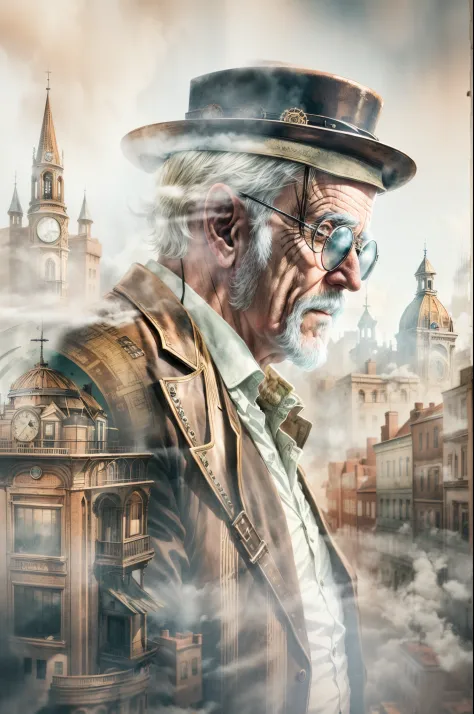 a double exposure image of a steampunk city and a potrait of an old man, white background