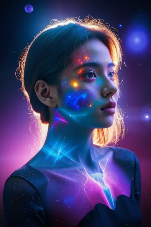 （multiple exposure：1.8），dubrec style，girl virtual holographic digital avatar，futuristic magnificent starry sky image foreground，...