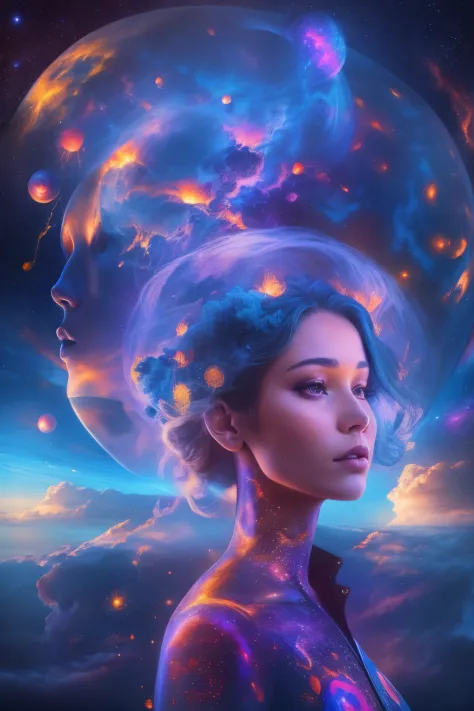 （multiple exposure：1.8），dubrec style，girl virtual holographic digital avatar，futuristic magnificent starry sky image foreground，...