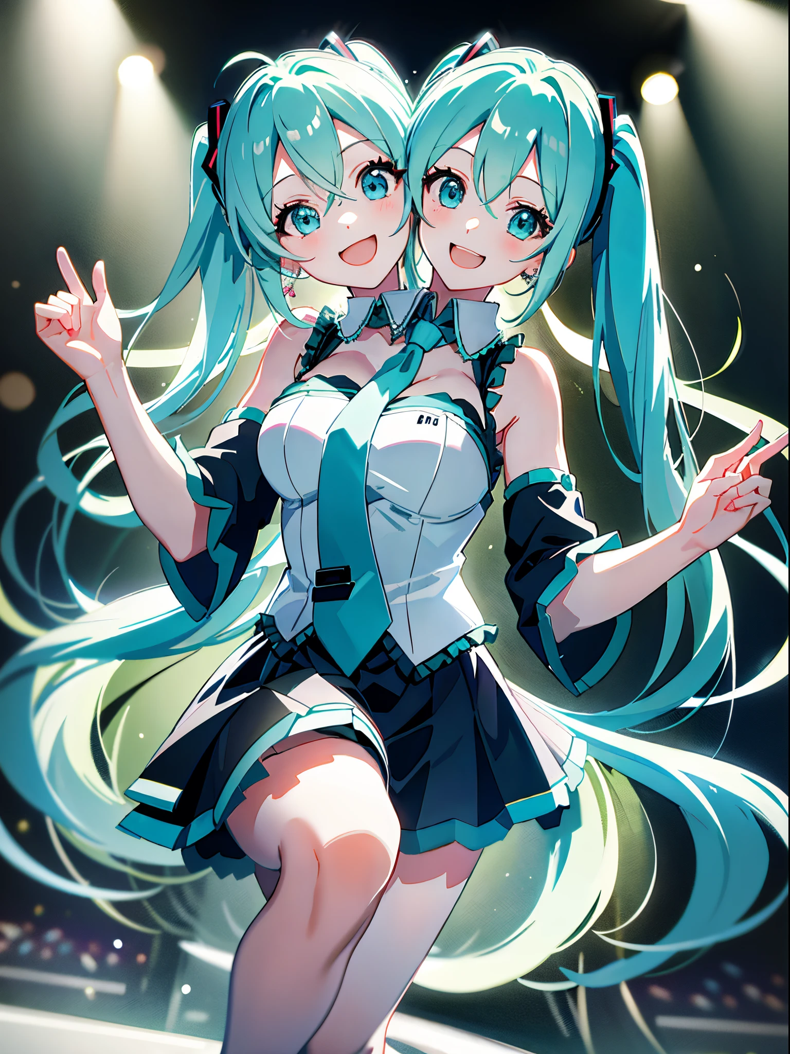 (masterpiece, best quality), best resolution, (2heads:1.5), 1girl, hatsune miku, aqua hair, twin tails, long hair, aqua eyes, open mouth, smile, happy, singing, dancing, white sleeveless shirt, aqua necktie, black skirt, detached sleeves, concert stage