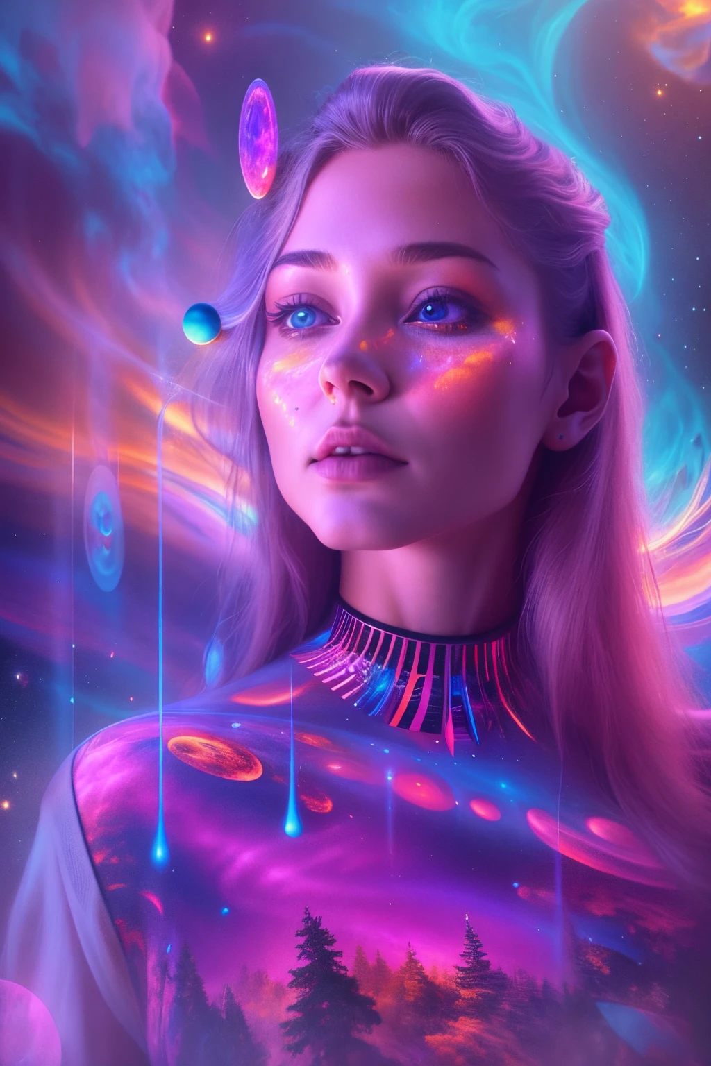 （Exposición múltiple：1.8），estilo dubrec，Avatar digital holográfico virtual de niña，Espectacular perspectiva de paisaje alienígena futurista，planeta psicodélico，nebulosa mágica，en el espacio，Ilustraciones complejas en estilo artístico surrealista.，Sueños surrealistas，Conviértete en un holograma virtual invisible，Transparent person avatar，Imagen digital holográfica virtual，arte surrealista, 4K surrealism, Retrato surrealista, Hermoso retrato surrealista, arte digital hiperrealista, arte surrealista y fantástico, arte digital hiperrealista, retrato surrealista, arte surrealista, Arte surrealista emocional, surrealismo de fantasía, 8k surrealism, Surreal conceptual art