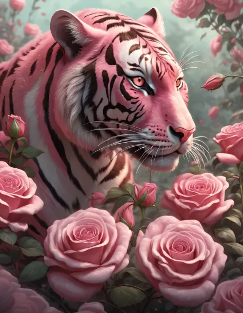 Tigre，Rosa flower，（double contact：1.8），Tiger sniffing roses，Complex illustrations in surrealist art style，Surreal dreams