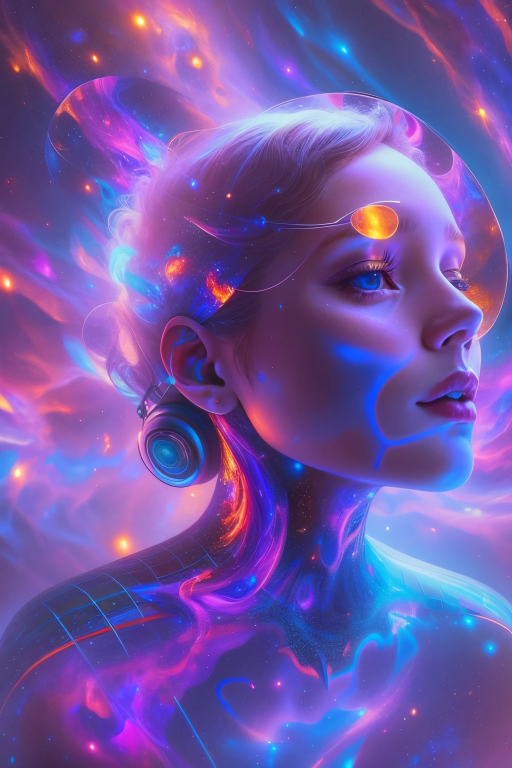 （mehrfache Belichtung：1.8），Dubrec-Stil，Virtueller holografischer digitaler Avatar für Mädchen，Futuristischer prächtiger Sternenhimmel im Vordergrund，psychedelischer Planet，im Weltraum，Komplexe Illustrationen im surrealistischen Kunststil，Surreale Träume，Werde zu einem unsichtbaren virtuellen Hologramm，Transparenter Personenavatar，Virtuelles holografisches digitales Bild，surreale Kunst, 4K-Surrealismus, Surreales Porträt, Wunderschönes surreales Porträt, hyperrealistische digitale Kunst, surreale und Fantasy-Kunst, hyperrealistische digitale Kunst, surrealistisches Porträt, surreale Kunst, Emotionale surreale Kunst, Fantasie Surrealismus, 8k Surrealismus, Surreale Konzeptkunst