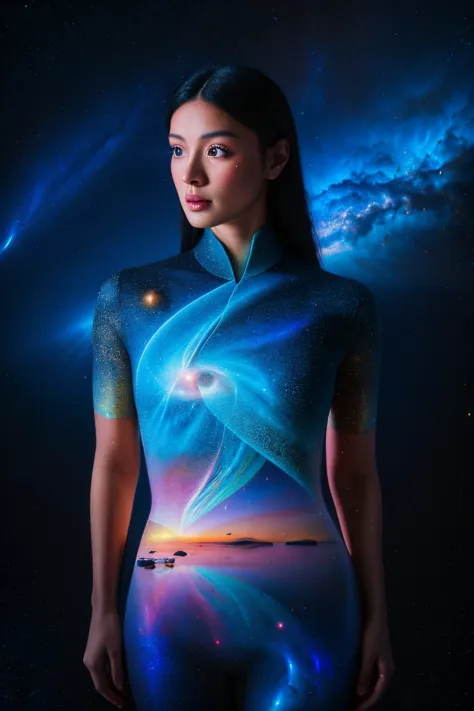 （multiple exposure：1.8），Dubrec style，Girl virtual holographic digital avatar，Futuristic magnificent starry sky image foreground，...