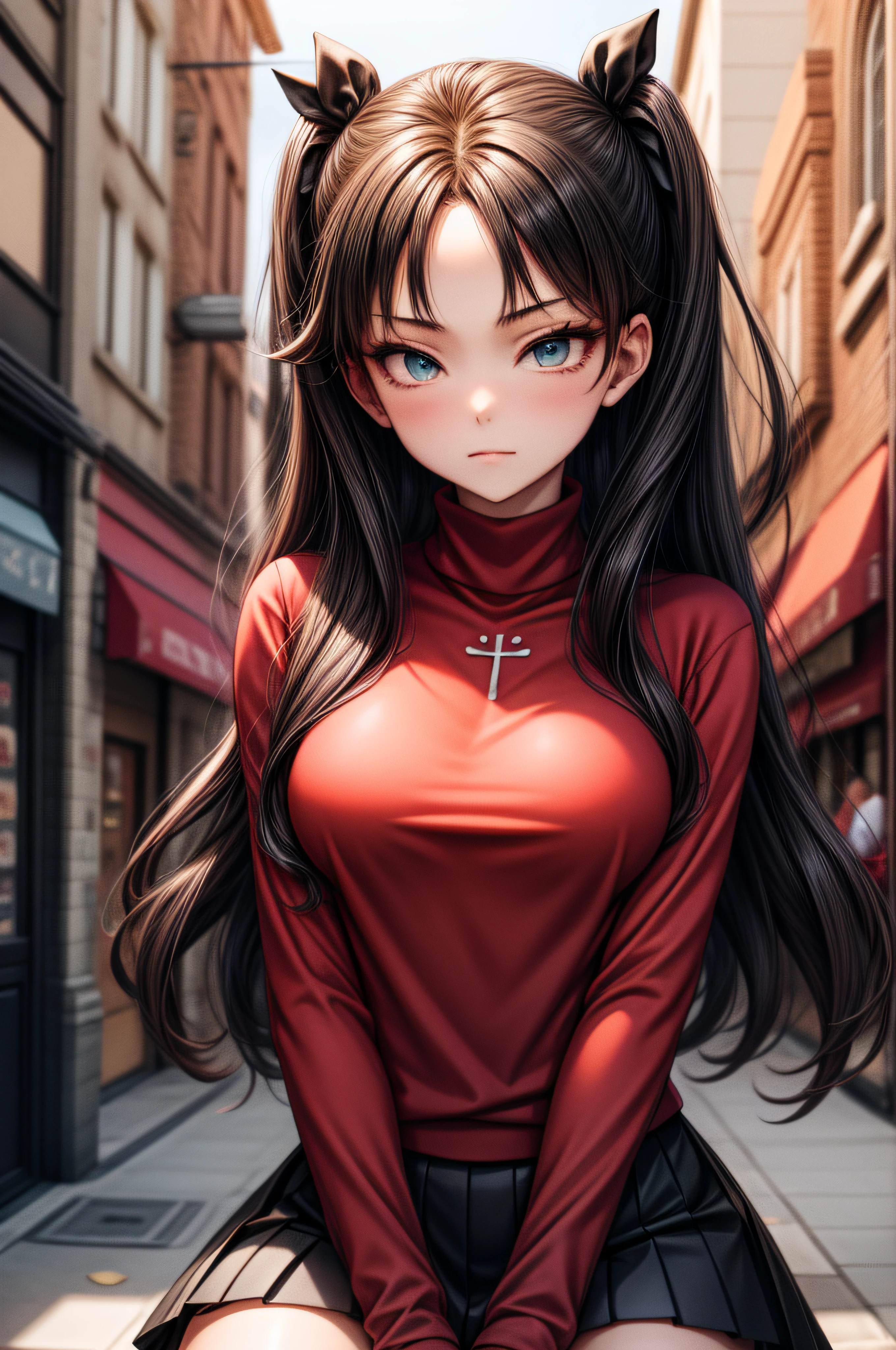 (chef-d&#39;œuvre), meilleure qualité, yeux expressifs, visage parfait, 1fille, seulement, Rintohsaka, Rin Tohsaka, yeux aqua, cheveux noirs, hair ruban, cheveux longs, ruban, serrures latérales, deux côtés vers le haut, black jupe, black hauts de cuisse, manches longues, minijupe, pleated jupe, ((red pull-over)), jupe, pull-over, hauts de cuisse, col roulé, Contexte de la ville, séance, haut du corps, portrait, regarder le spectateur