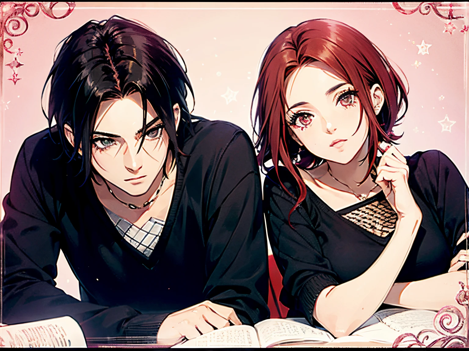 anime couple,  Red hair, backward, Child boy, Bblack hair, romance, pink back ground, 8K