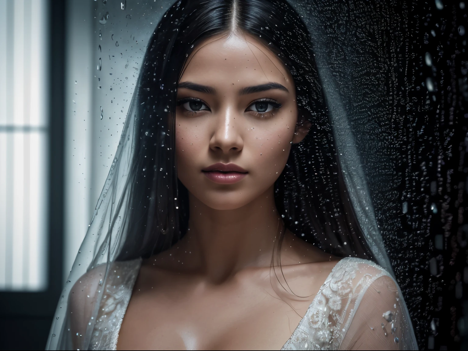 A captivating, high-drama portrait of an extremely beautiful woman, raind drop background, in the style of hyperrealist, selective focus, hall of mirrors, bokeh, hyper-realistic portraits, mysterious and dreamlike scenes, fragmented portraitures. Shot with a Nikon Z9, 50 mm f/1.2 lens, directed by Ridley Scott