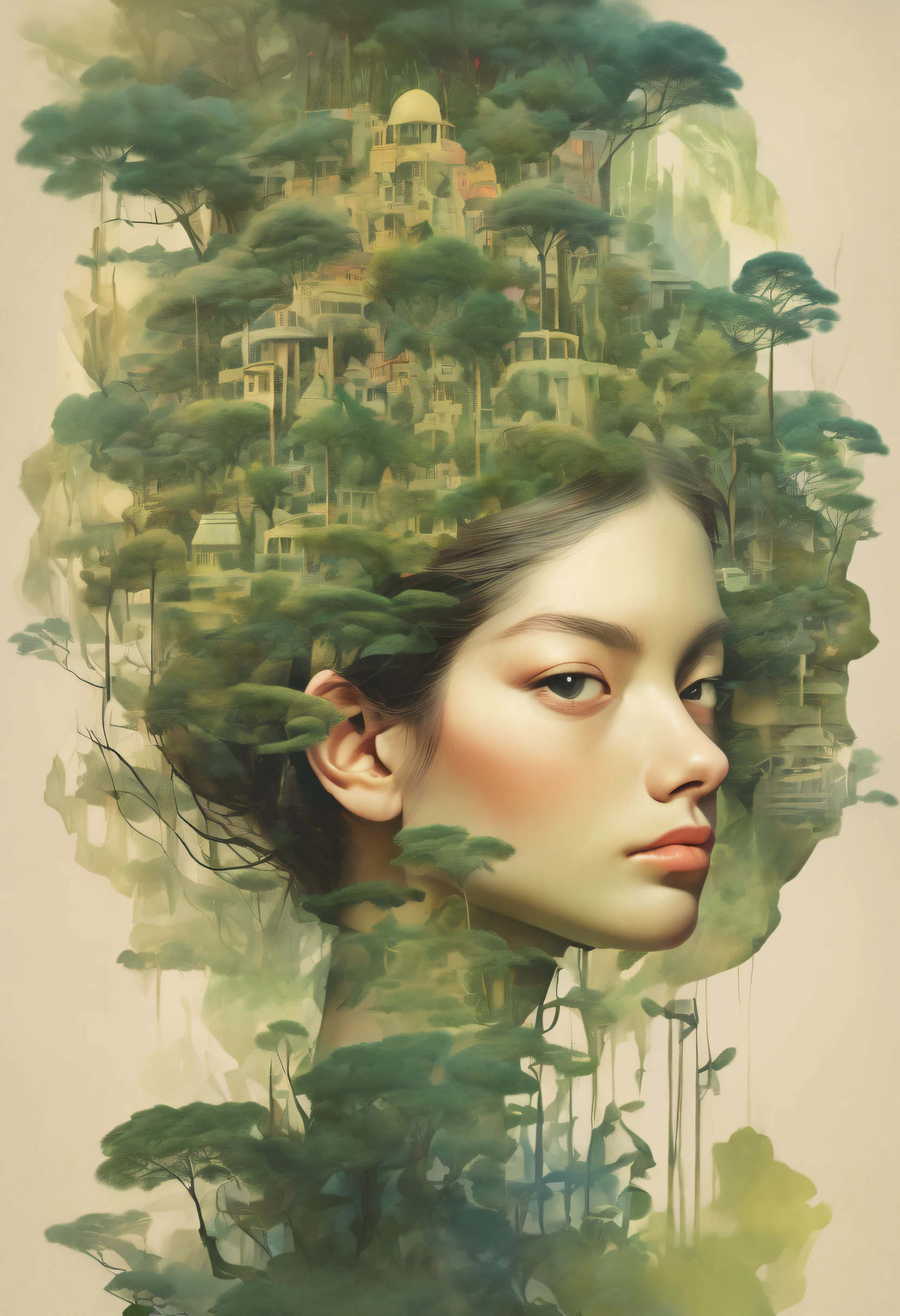 Mecha girl avatar，Futuristic virtual holographic digital image background，（Doubleexposure：1.8），Complex illustrations in surrealist art style，Surreal dreams，Become an invisible virtual hologram，Transparent people，Virtual holographic digital image