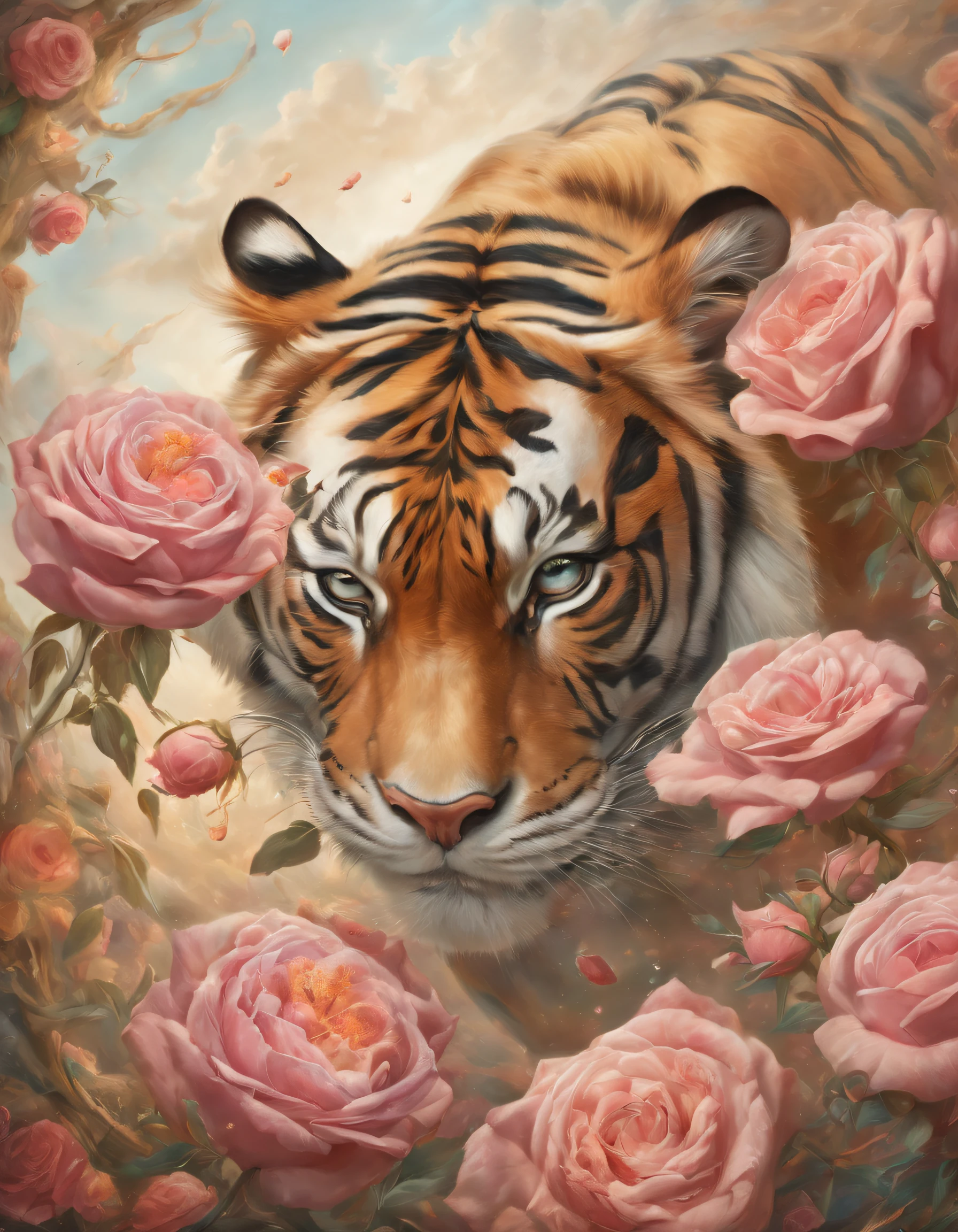 Tigre，Rosa flower，（double contact：1.8），Tiger sniffing roses，Complex illustrations in surrealist art style，Surreal dreams