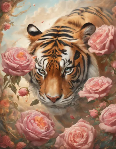 Tigre，Rosa flower，（double contact：1.8），Tiger sniffing roses，Complex illustrations in surrealist art style，Surreal dreams