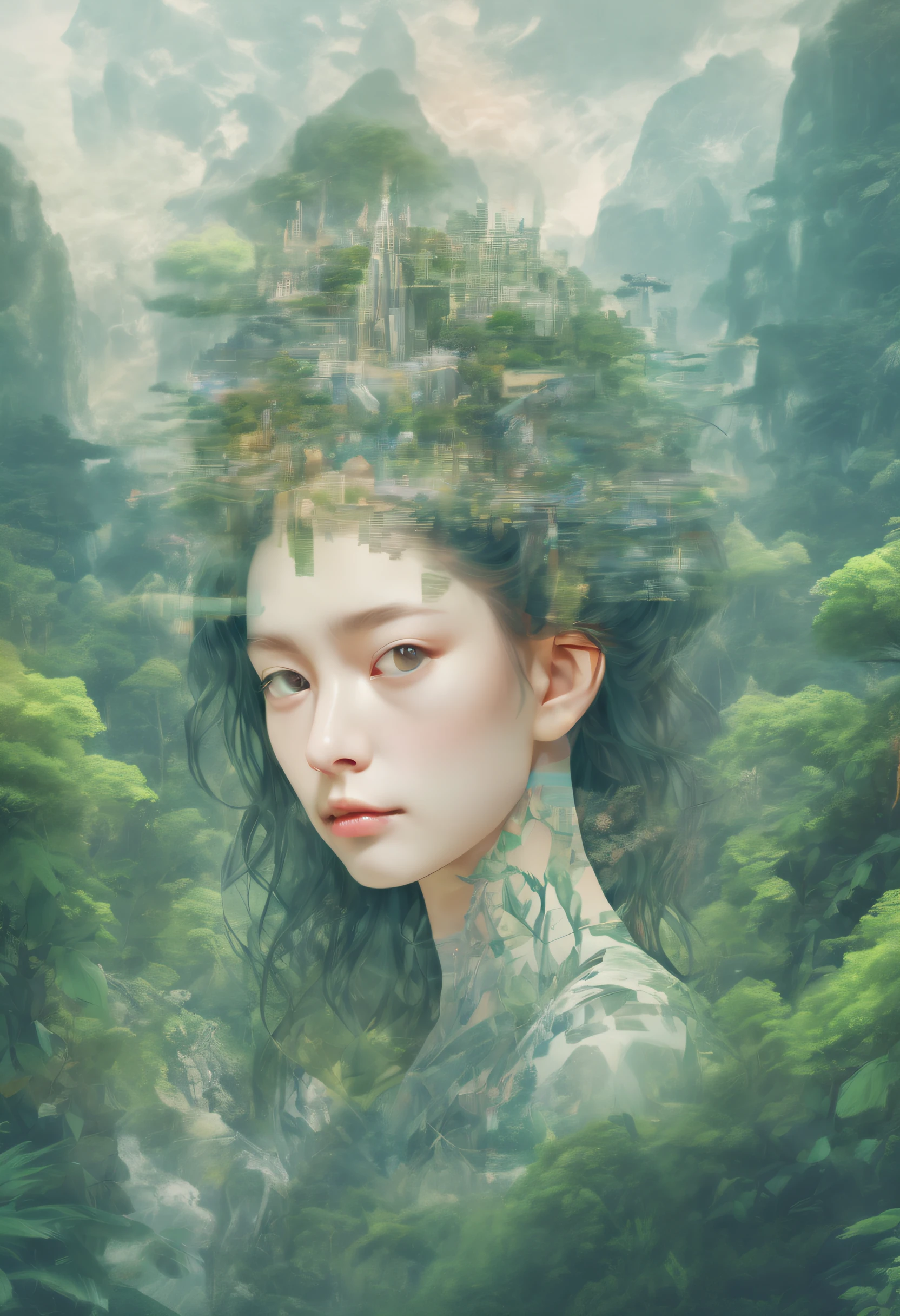 Mecha girl avatar，Futuristic virtual holographic digital image background，（Doubleexposure：1.8），Complex illustrations in surrealist art style，Surreal dreams，Become an invisible virtual hologram，Transparent people，Virtual holographic digital image