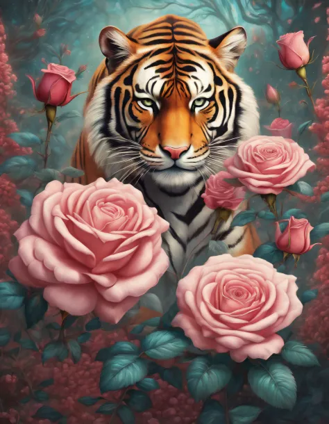 Tigre，Rosa flower，（double contact：1.8），Tiger sniffing roses，Complex illustrations in surrealist art style，Surreal dreams