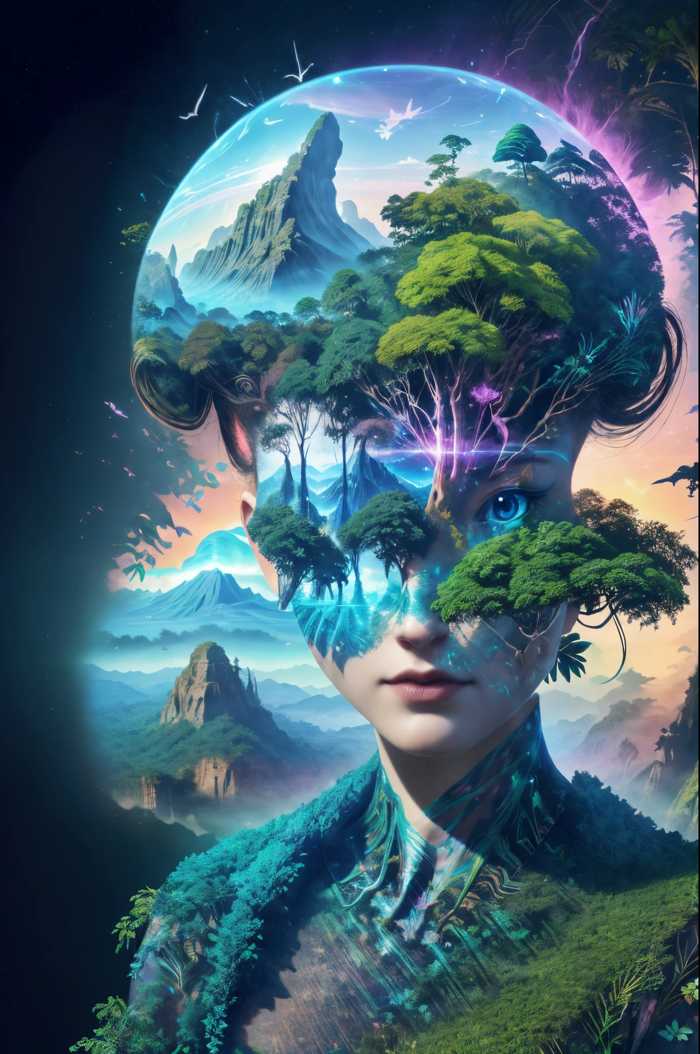 Mecha girl avatar，Futuristic virtual holographic digital image background，（Doubleexposure：1.8），Complex illustrations in surrealist art style，Surreal dreams，Become an invisible virtual hologram，Transparent people，Virtual holographic digital image