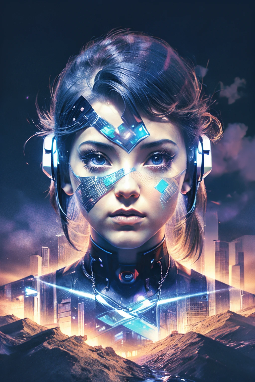 Mecha girl avatar，Futuristic virtual holographic digital image background，（Doubleexposure：1.8），Complex illustrations in surrealist art style，Surreal dreams，Become an invisible virtual hologram，Transparent people，Virtual holographic digital image