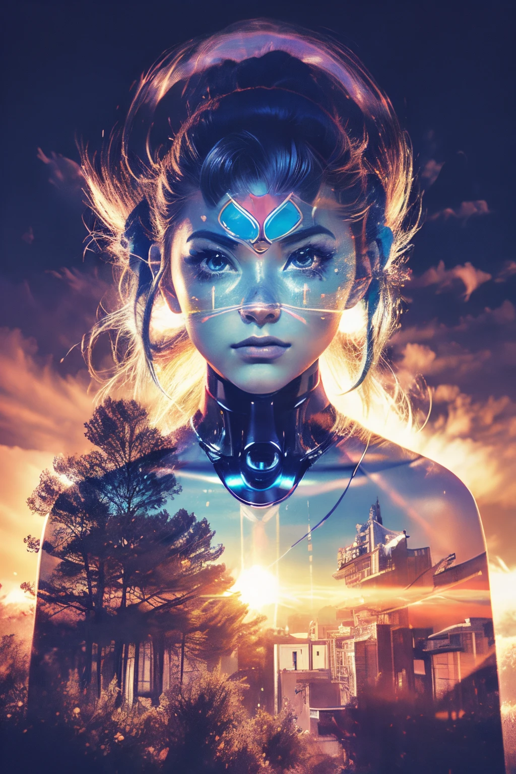 Mecha girl avatar，Futuristic virtual holographic digital image background，（Doubleexposure：1.8），Complex illustrations in surrealist art style，Surreal dreams，Become an invisible virtual hologram，Transparent people，Virtual holographic digital image