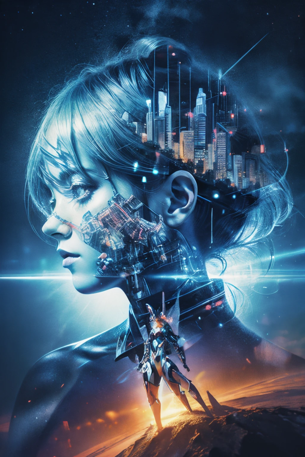 Mecha girl avatar，Futuristic virtual holographic digital image background，（Doubleexposure：1.8），Complex illustrations in surrealist art style，Surreal dreams，Become an invisible virtual hologram，Transparent people，Virtual holographic digital image