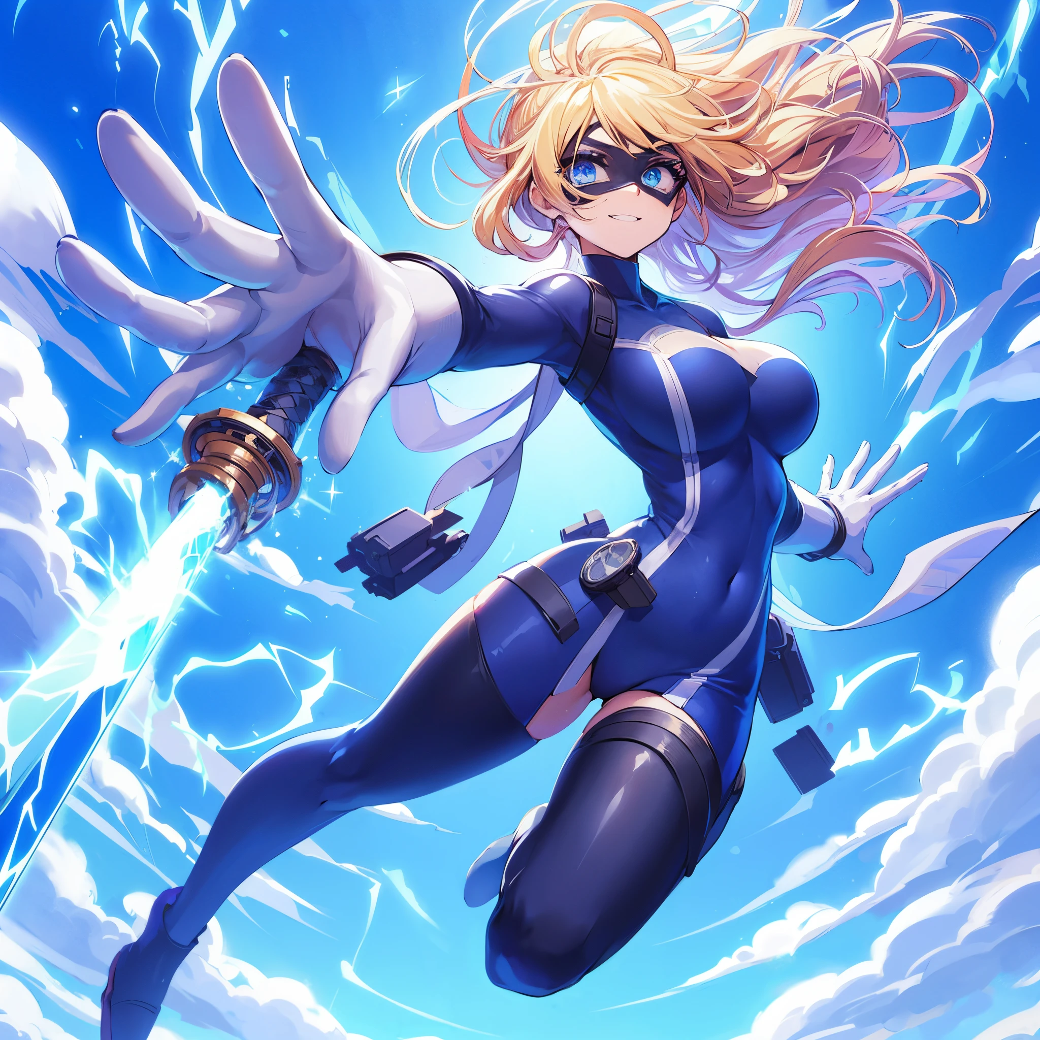 (masutepiece, of the highest quality), (Perfect athlete body: 1.2), (detailed hairs), ultra-detailliert, Anime style, Full body, Solo, psychic ninja girl, hero domino mask, High-leg shirts, Gloves and boots, Tricolor image color, blond hair and blue eyes, fly in the blue sky, has a sword of spiritual power, White background, Whole body, （（Lightning in a woman's hand））、A triumphant smile