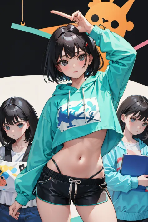 (child)，（​masterpiece，Highest Quality），Crop Top Look，Turquoise Hoodie，(Gingham Check Shorts)，A dark-haired，World of toys