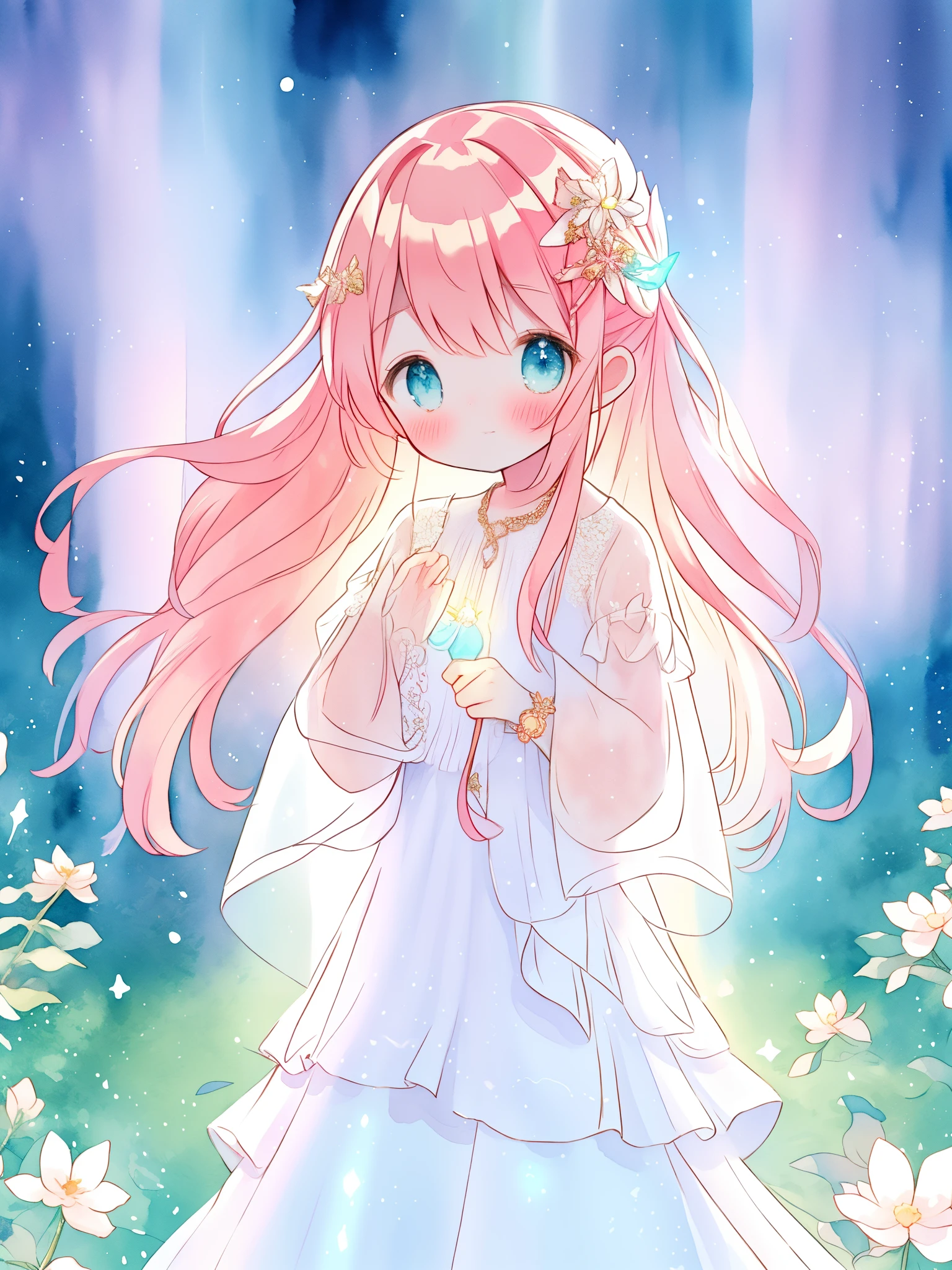 beautiful fairy girl in sparkling white ballgown, puffy flowing ballgown, sheer fluttering sleeves, ((glowing sheer layered dress)), long red gold hair, colorful fantasia background, delicate white flowers in her hair, watercolor illustration, glowing lights, beautiful digital illustration, fantasia otherworldly landscape, beautiful, masterpiece, best quality, (vibrant pastel colors), (colorful), magical forest landscape, sharp focus, intricate details, highly detailed, 8k resolution, ((CUTE))