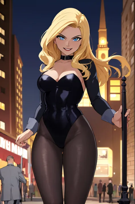 ((masterpiece,best quality)), absurdres,
Black_Canary_JLU, 
solo, smiling, looking at viewer, cowboy shot, 
night sky and city in background, cinematic composition, dynamic pose,
