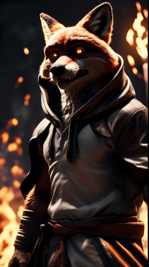 (best quality,4k,8k,highres,masterpiece:1.3),ultra-detailed,(realistic,photorealistic,photo-realistic:1.37),(the ultimate Orochi nick wilde) red glowing eyes,fierce expression,realistic fire background,The King of Fighters XIII style,serious look on his face,wearing a green hooded cloak