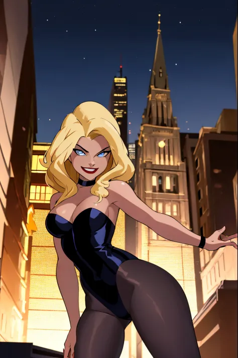 ((masterpiece,best quality)), absurdres,
Black_Canary_JLU, 
solo, smiling, looking at viewer, cowboy shot, 
night sky and city in background, cinematic composition, dynamic pose,