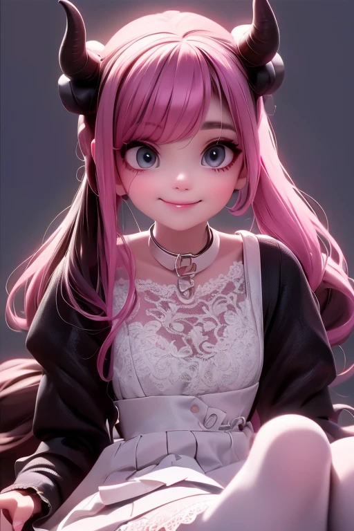 a close up of a demon girl smiling in a lace skirt and a lace shirt, smokey eyes makeup, white tights, she is wearing lace streetwear, collar, choke, pumps, fashionable rpg clothing,