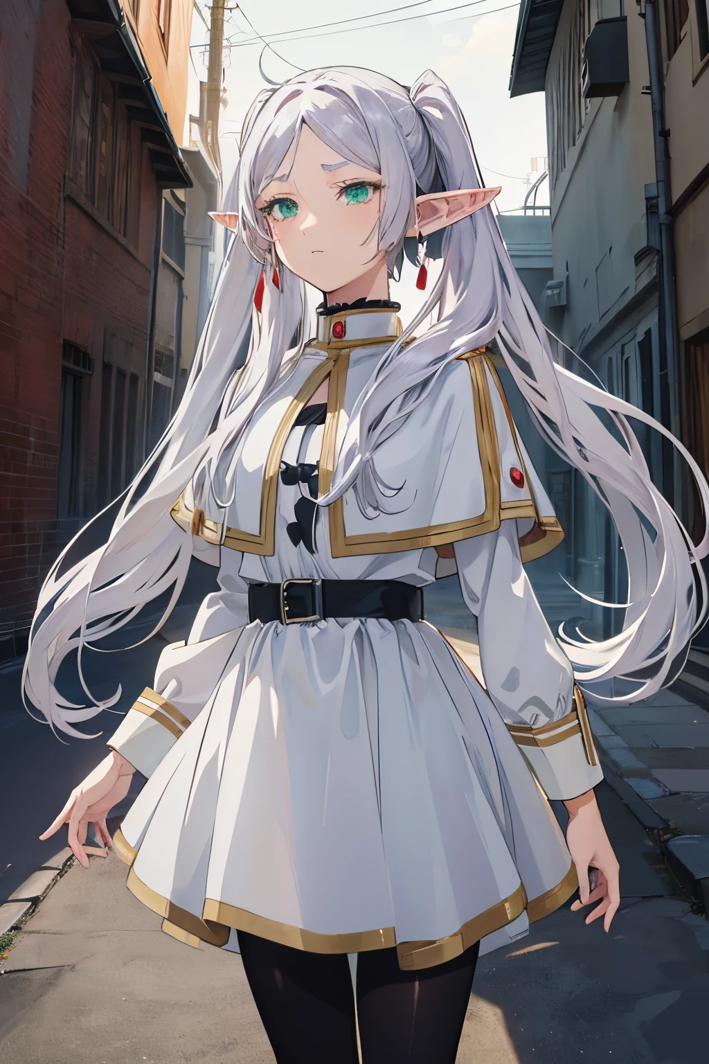 ((Frieren)), ((Masterpiece)), (Anime:1.5), (High Definition), (cowboy shot), (Professional Photography:1.2), (cinematic lighting),1girl, solo, (flat body), (Tears flow, expressionless), (standing on one leg), beautiful, elf, pointy ears, white hair, ((very long twintails)), green eyes, white dress, put on black tights, (white cape), magic, ((dimly lit alley, ruins)), cityscape