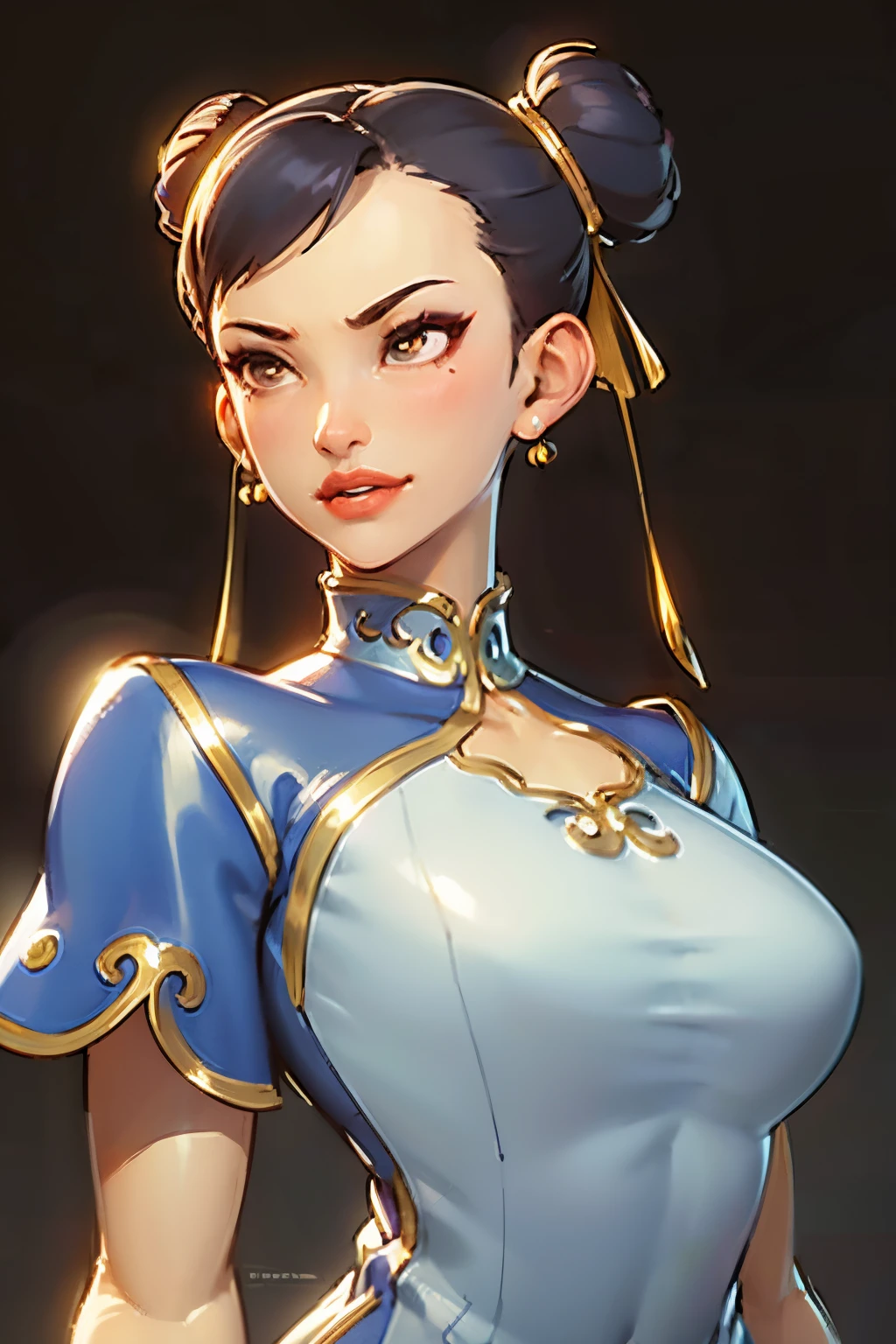 Chun-li, from street fighter,(big breast:1.5),dynamic poses, totally wide open her chest,big chest,super perfect body curve, hair ribbons, twin hair buns, S-shaped body,anime waifu (18 years old)-hot daddy-frivolity-body language, fit figure, bad laughing,gorgeous perfect face, realistic style and super detailed renderings, superrealism,kawaii, zbrush, super-realistic oil, contour shadow-process - (Waiting to start)