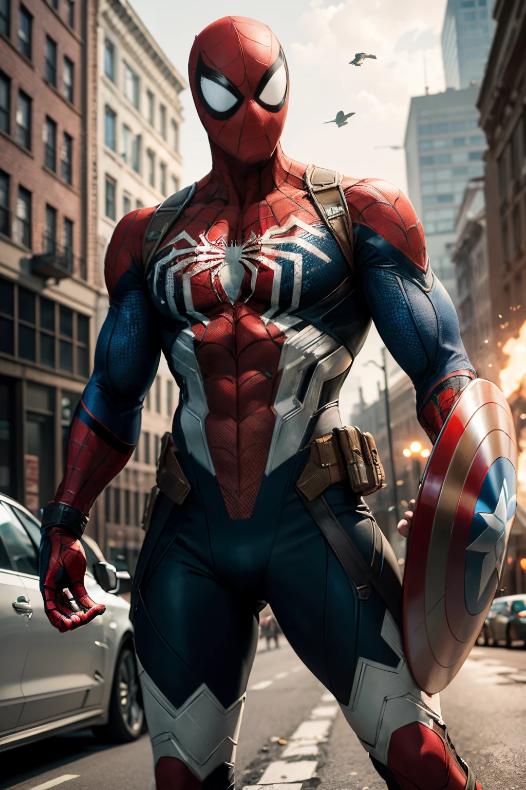 Spider - man in a suit with a shield in the middle of a city - SeaArt AI