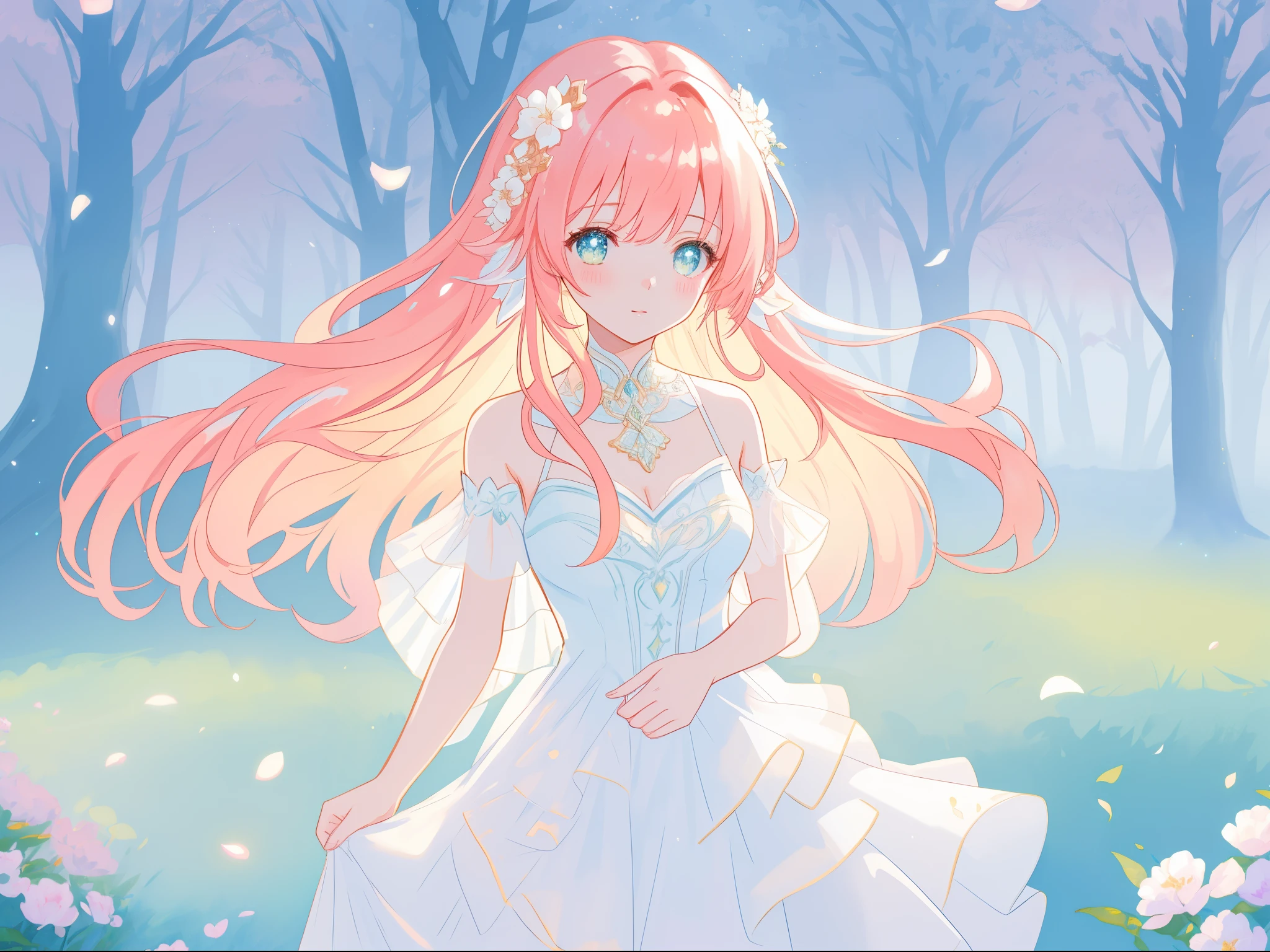 beautiful fairy girl in sparkling white ballgown, puffy flowing ballgown, sheer fluttering sleeves, ((glowing sheer layered dress)), long red gold hair, colorful fantasia background, delicate white flowers in her hair, watercolor illustration, glowing lights, beautiful digital illustration, ((fantasia otherworldly landscape)), beautiful, masterpiece, best quality, (vibrant pastel colors), (colorful), magical forest landscape, sharp focus, intricate details, highly detailed, 8k resolution