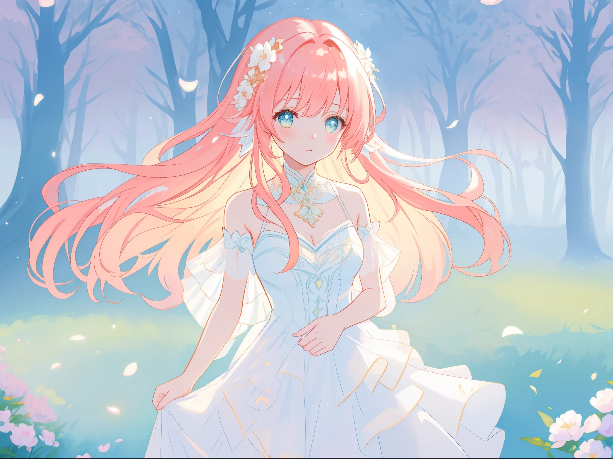 جميل fairy girl in sparkling white ballgown, منتفخ المتدفقة, الأكمام ترفرف محض, ((فستان ذو طبقات شفافة متوهجة)), شعر ذهبي أحمر طويل, زاهى الألوان fantasia background, زهور بيضاء رقيقة في شعرها, الرسم التوضيحي بالألوان المائية, أضواء متوهجة, جميل digital illustration, ((الفنتازيا المناظر الطبيعية الأخرى)), جميل, تحفة, أفضل جودة, (ألوان الباستيل النابضة بالحياة), (زاهى الألوان), المناظر الطبيعية للغابات السحرية, التركيز الشديد, تفاصيل معقدة, مفصلة للغاية, دقة 8K