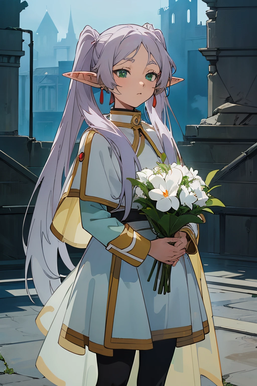 ((Frieren)), ((Masterpiece)), (Anime:1.5), (High Definition), (cowboy shot), (Professional Photography:1.2), (cinematic lighting),1girl, solo, (flat body), (hold a bouquet), beautiful, elf, pointy ears, white hair, ((very long twintails)), green eyes, white dress, put on black tights, (white cape), magic, ((beautiful ruins)), cityscape