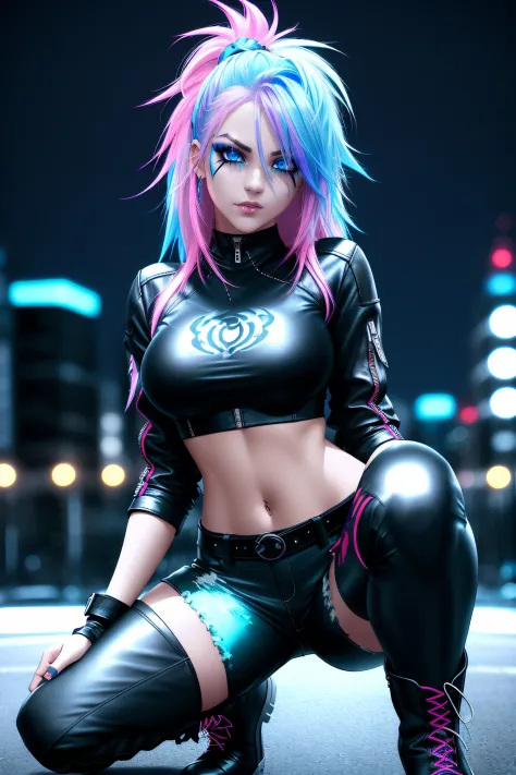 beautiful girl, full body, short bright neon and blue streaked dishevelled hair, large blue piercing eyes, black eyeshadow, (street style wear:1.2), ((tight fitted pants)), ((knee high leather boots)), (city night background:1.2), dark makeup, digital art, trending on artstation, highly detailed, fine detail, intricate,  beautiful detailed glow, detailed, Cinematic light, high-res, detailed facial features, sharp focus, smooth, aesthetic,