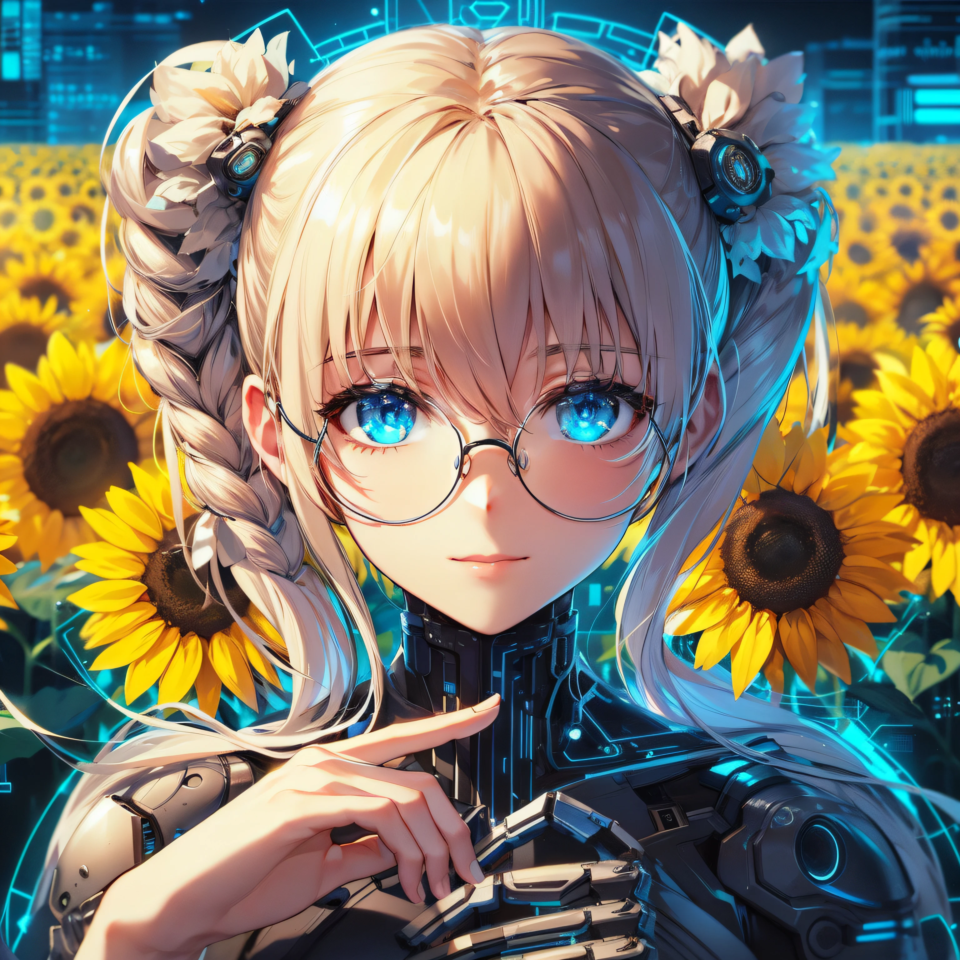 a girl with blonde hair styled in two side ponytails gracefully resting on her shoulders. She wears round glasses that accentuate her captivating blue eyes, all set within a cyberpunk-inspired environment. Picture this character amidst a field of sunflowers, where the vibrant yellow blooms starkly contrast with the futuristic cybernetic backdrop. The fusion of innocent charm, cyberpunk aesthetics, and the added detail of sunflower blooms creates a visually compelling and harmonious scene. left hand is robothands and the right is human,