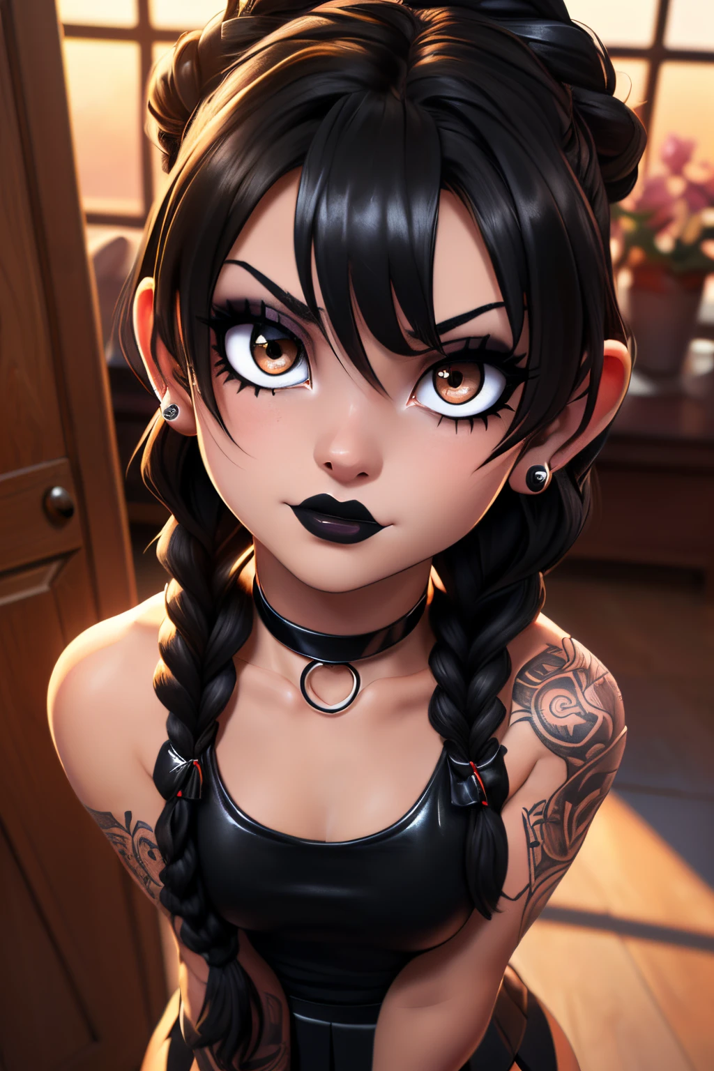 ((ultra quality)), ((tmasterpiece)), goth girl, ((long black hair braided into one braid), ((there are piercings and rings in the ears)), Beautiful cute face, beautiful female lips, ((dark makeup)), charming beauty, ((embarrassed expression)), is looking at the camera, ((Skin color: white)), ((have tattoos on the body)), Body glare, ((detailed beautiful female eyes)), ((dark brown eyes)), beautiful female hands, ((perfect female figure)), ideal female body shapes, Beautiful waist, nice feet, big thighs, Beautiful butt, ((Subtle and beautiful)), seductively worth it ((closeup face)), ((wearing a black leather skirt and a black sleeveless tank top, black choker around the neck, black boots with a large platform, black stockings)), background: Threshold of the house, evening sunset, ((Depth of field)), ((high quality clear image)), ((crisp details)), ((higly detailed)), Realistic, Professional Photo Session, ((Clear Focus)), ((cartoon)), the anime, NSFW