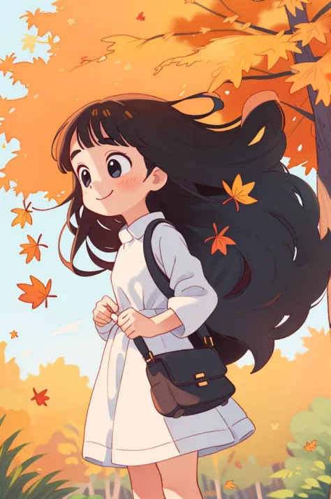 l girl, long hair, round face, big eyes, long white dress,smiling, black crossbody bag, skirt blowing in the wind，Autumn, park, ...