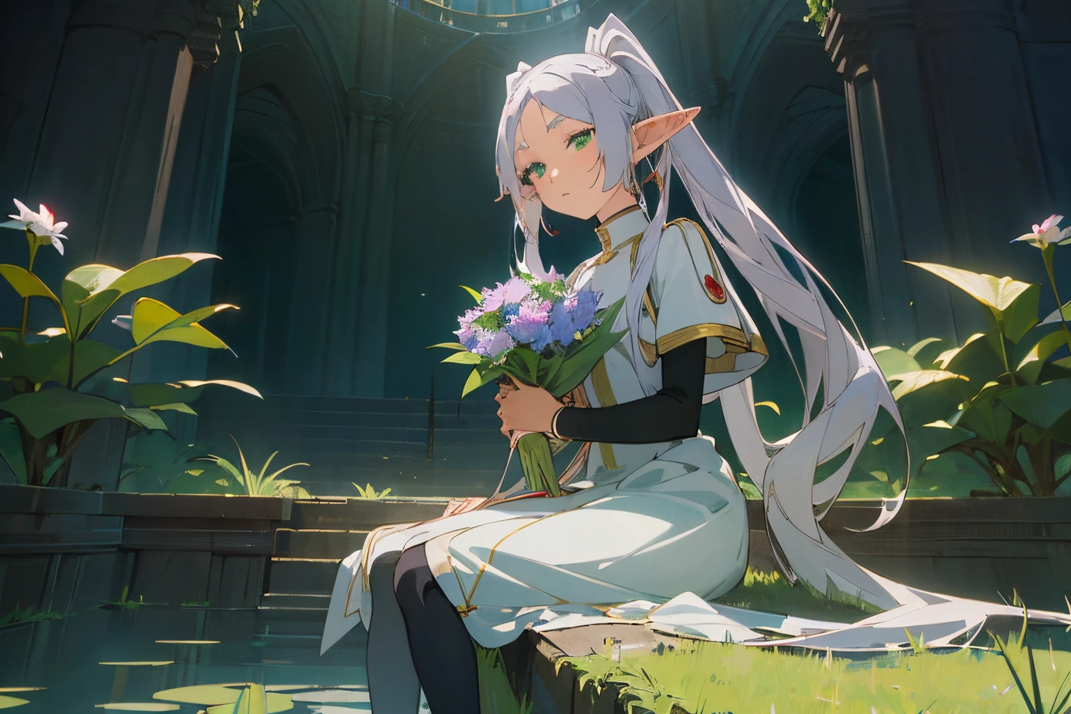 ((Frieren)), ((Masterpiece)), (Anime:1.5), (High Definition), (cowboy shot), (Professional Photography:1.2), (cinematic lighting),1girl, solo, (flat body), (hold a bouquet, sitting), beautiful, elf, pointy ears, white hair, ((very long twintails)), green eyes, white dress, put on black tights, (white cape), magic, ((beautiful secret garden))