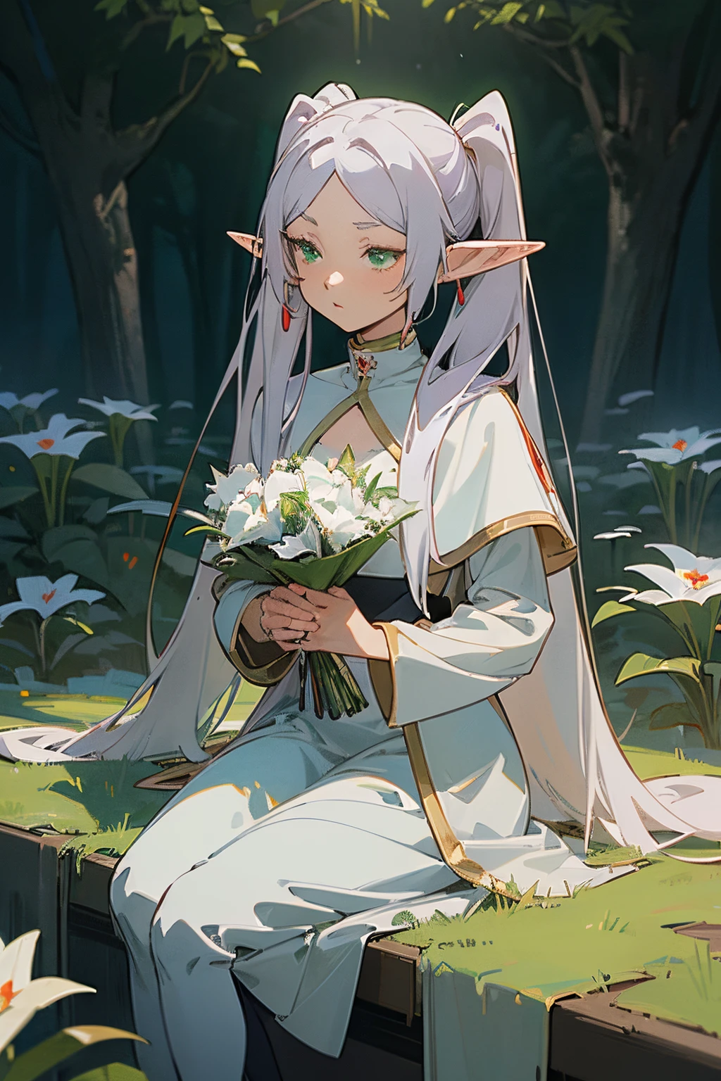 ((Frieren)), ((Masterpiece)), (Anime:1.5), (High Definition), (cowboy shot), (Professional Photography:1.2), (cinematic lighting),1girl, solo, (flat body), (hold a bouquet, sitting), beautiful, elf, pointy ears, white hair, ((very long twintails)), green eyes, white dress, put on black tights, (white cape), magic, ((beautiful secret garden))