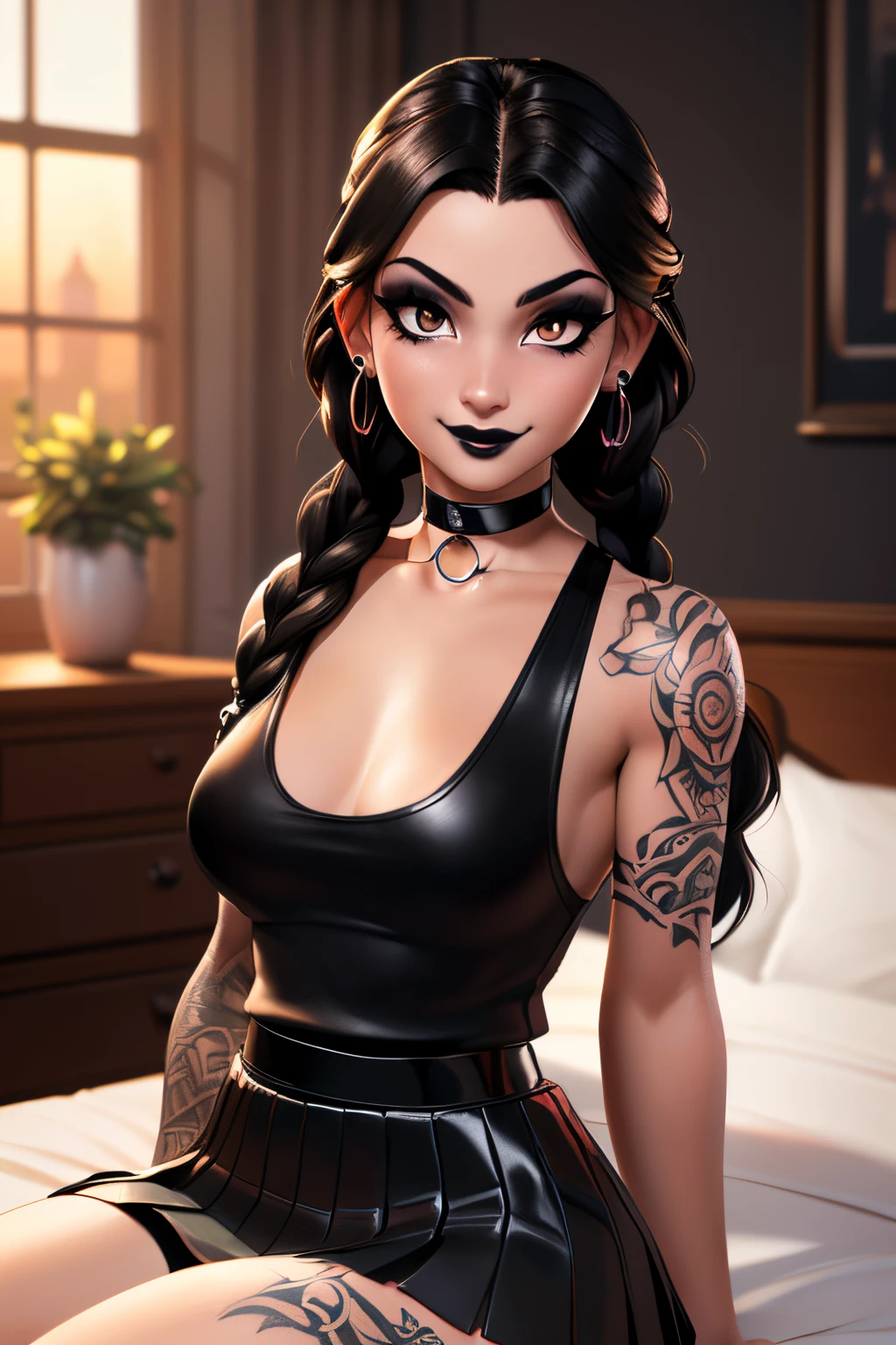 ((ultra quality)), ((tmasterpiece)), goth girl, ((long black hair braided into one braid), ((there are piercings and rings in the ears)), Beautiful cute face, beautiful female lips, ((dark makeup)), charming beauty, ((embarrassed expression)), (endearing smile), is looking at the camera, ((Skin color: white)), ((have tattoos on the body)), Body glare, ((detailed beautiful female eyes)), ((dark brown eyes)), beautiful female hands, ((perfect female figure)), ideal female body shapes, Beautiful waist, nice feet, big thighs, Beautiful butt, ((Subtle and beautiful)), sitting seductively on the bed ((seen from behind)), ((closeup face)), ((wearing a black leather skirt and a black sleeveless tank top, black choker around the neck, black stockings)), background: In a modern house, evening sunset, ((Depth of field)), ((high quality clear image)), ((crisp details)), ((higly detailed)), Realistic, Professional Photo Session, ((Clear Focus)), ((cartoon)), the anime, NSFW
